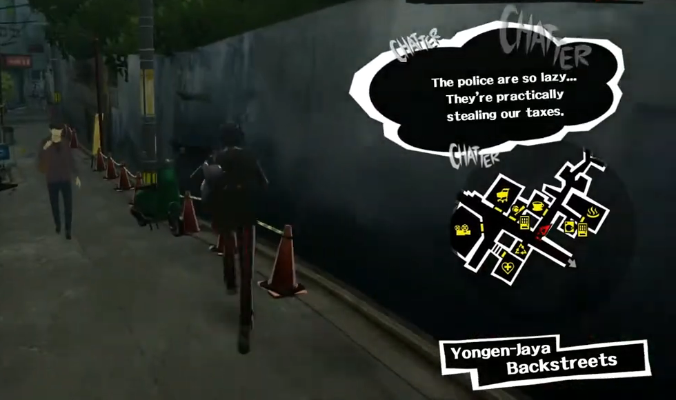 An anonymous passerby’s speech balloon in Yongen-Jaya Backstreets reads: “The police are so lazy... They’re practically stealing our taxes.”