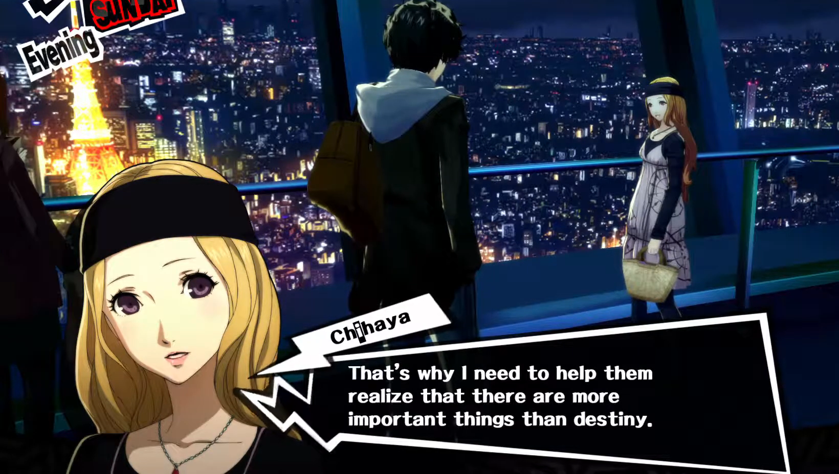 Chihaya and the protagonist above the city at night; the HUD reads Sunday, Evening. Chihaya says: “That’s why I need to help them realize that there are more important things than destiny.”