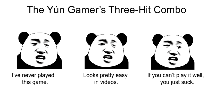 “The Yún Gamer’s Three-Hit Combo”: three panda-bodied reaction faces