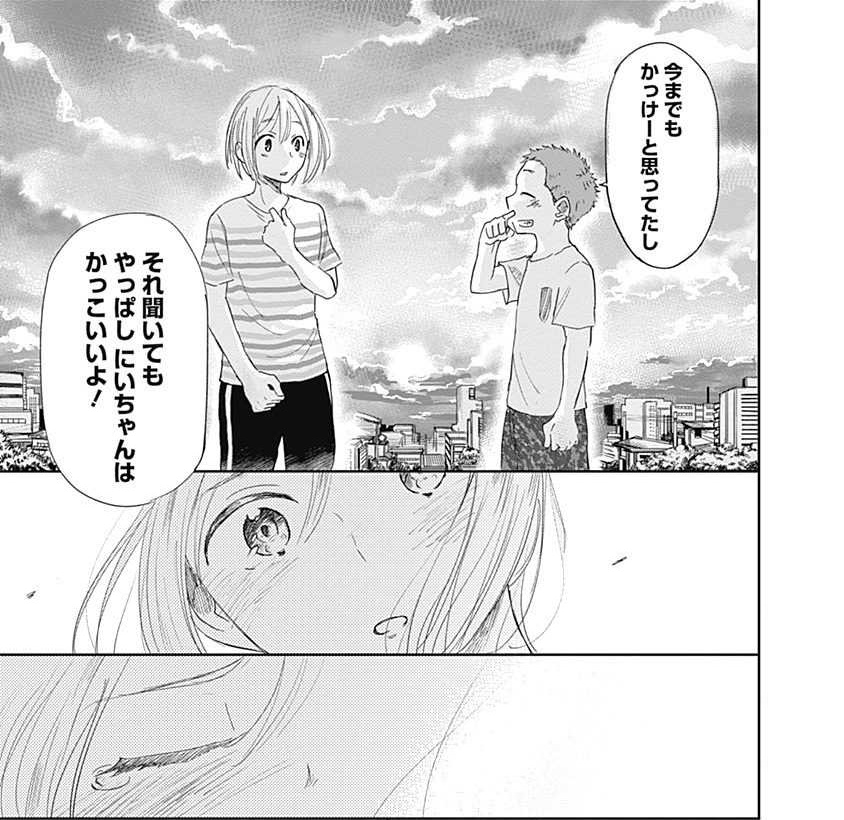 河原で話す兄弟、目を見開く兄、涙を流す兄の三コマ。弟は兄の思いを聞いたうえで、やはりかっこいいと伝える
